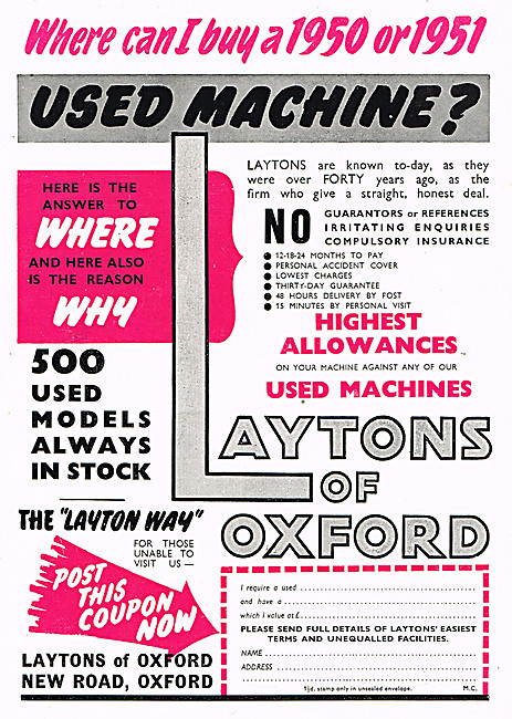 Laytons Of Oxford Motorcycle Sales & Service 1952 Advert         