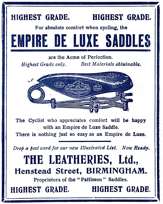1906 Leatheries Empire De Luxe Cycle Saddles                     