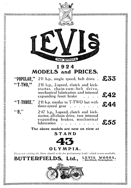 Levis Two-Stroke Motor Cycles 1924 Models & Prices               