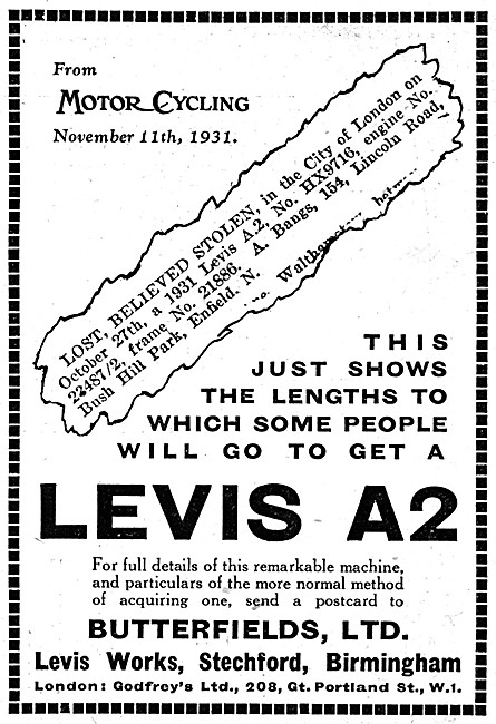 Levis A2 Motor Cycle 1931 Advert                                 