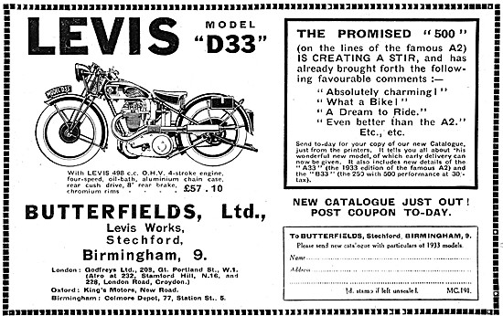 Levis Motor Cycles - 1933 Levis Model D33 500 cc Motor Cycle     
