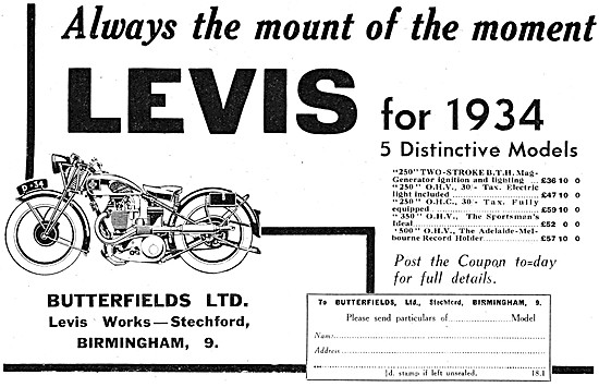 Levis Motor Cycles - The Levis Motor Cycle Model Range For 1934  