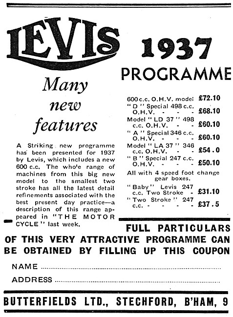 Levis Motor Cycles & Prices For 1937- Levis Motorcycles          