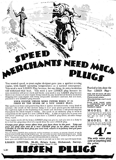 Lissen Spark Plugs 1927                                          