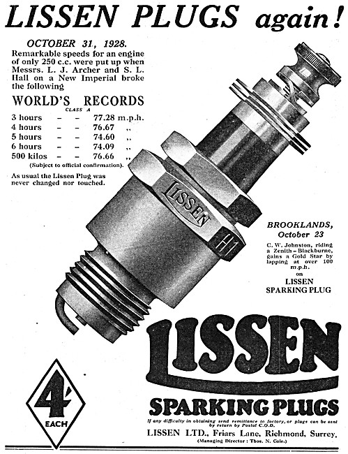 Lissen Spark Plugs 1928                                          
