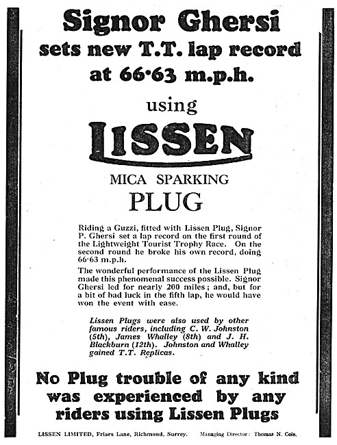 Lissen Mica Spark Plugs 1929 Advert                              