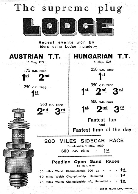 Lodge Spark Plugs 1929 TT Successes                              