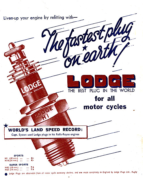 Lodge Motorcycle Spark Plugs 1938 Advert                         