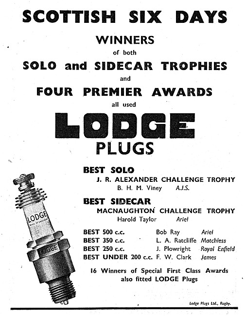 Lodge Motor Cycle Spark Plugs1947 Advert                         