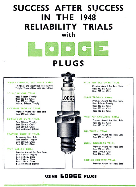 Lodge Spark Plugs 1948 Advert                                    