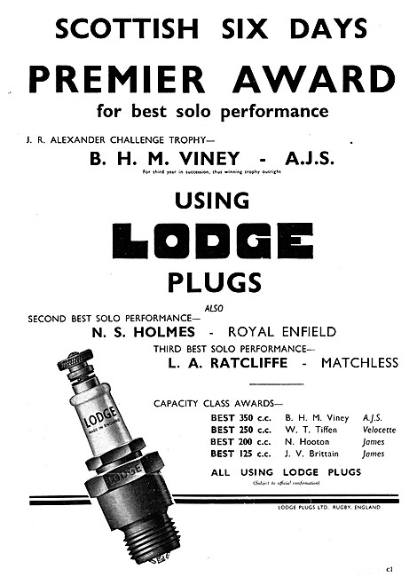Lodge Motor Cycle Sparking Plugs 1949 Advert                     