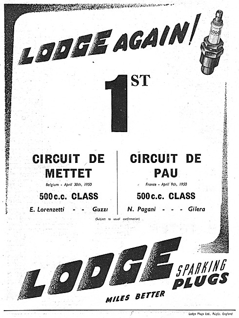 Lodge Motor Cycle Spark Plugs 1950 Advert                        