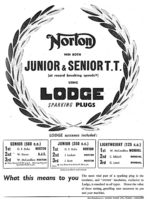 Lodge Motor Cycle Spark Plugs 1951 Advert                        