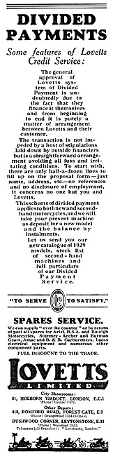 Lovetts Motor Cycle Dealership. Holborn Viaduct 1929 Advert      