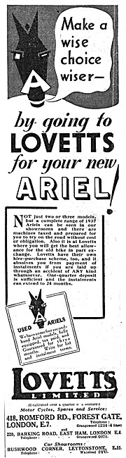 Lovetts Motor Cycle Sales & Service 1937 Advert                  