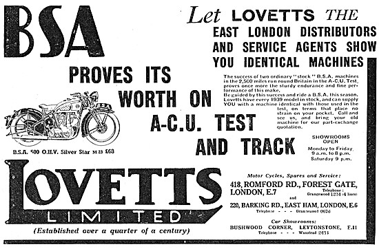 Lovetts Motor Cycle Sales & Service. Barking Rd, East Ham.       