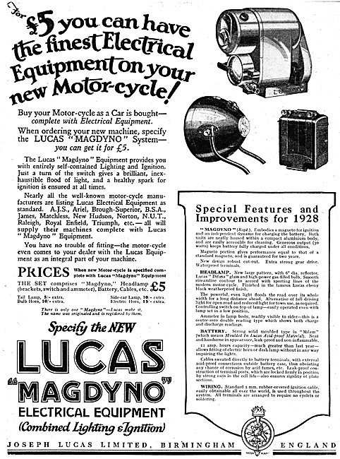 Lucas Motor Cycle Lighting Equipment - Lucas Magdyno             