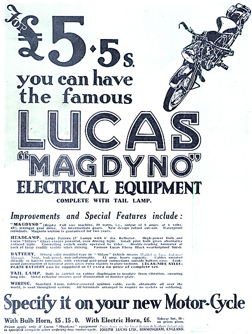 Lucas Motor Cycle Electrical Equipment - Luxas Magdyno 1928      