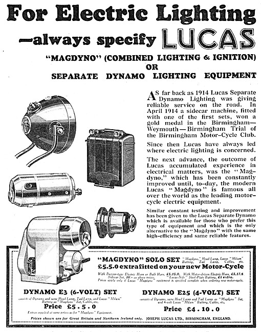 Lucas Electric Lighting - Lucas Magdyno  1929 Advert             