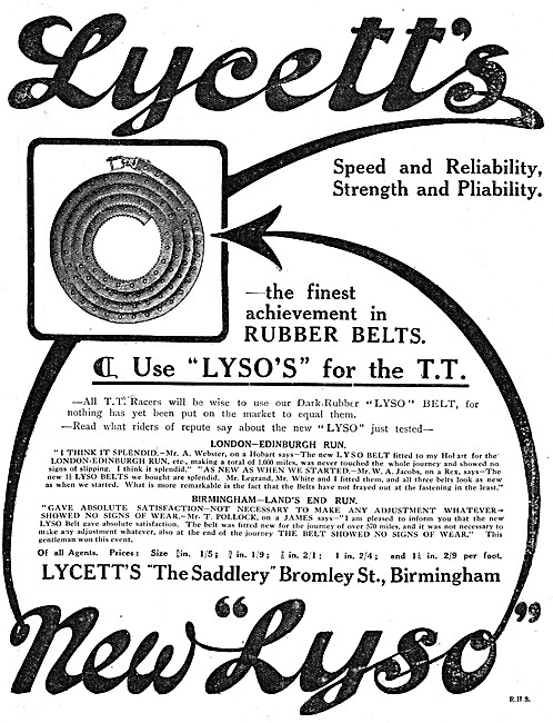 Lycett Lyso Rubber Belts For Motor Cycles 1912 Advert            