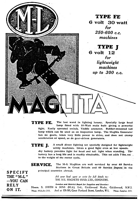 M-L Magnetos - ML Tyep FE Maglita Motor Cycle Lighting Set 1929  