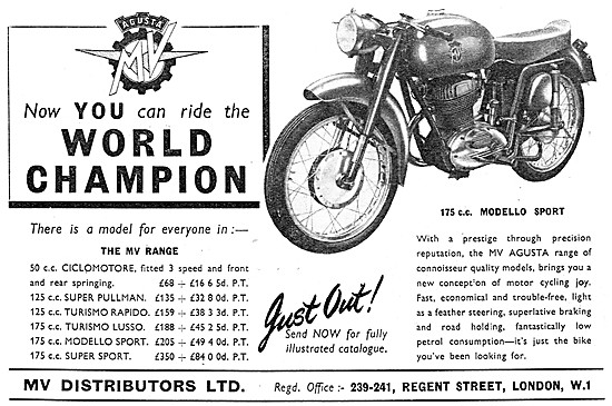 The 1956 Range MV Agusta Motor Cycles - MV Modello Sport         