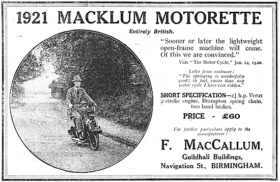 Macklum Motor Cycles - 1920 Macklum Motorette Advert             