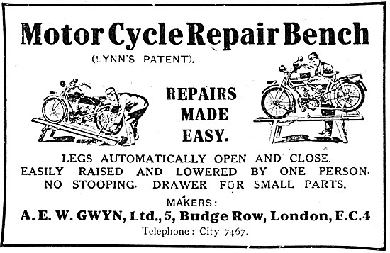 Gwyn Motor Cycle Repair Bench 1920 Advert                        