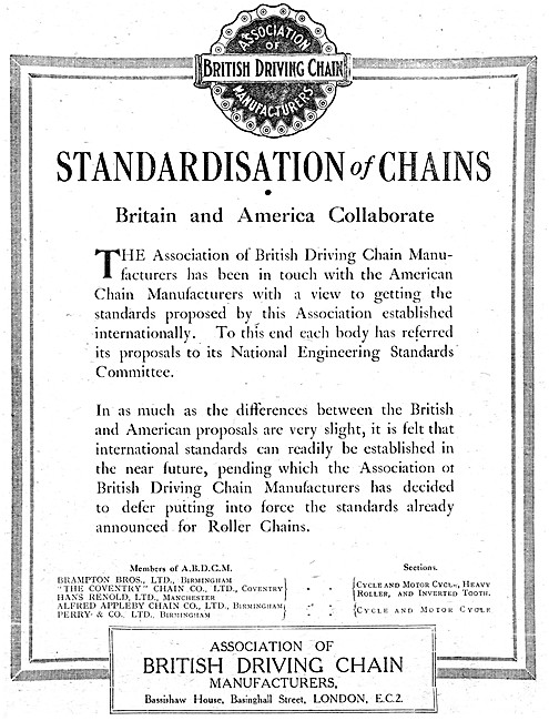 Association Of Driving Chain Manufacturers 1920 Announcement     