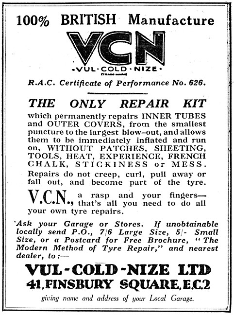 Vul-Cold-Nize VCN Motor Cycle Puncture Repair Kit 1926 Advert    