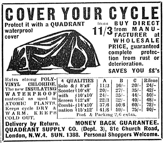 Quadrant Motor Cycle Covers 1957 Advert                          