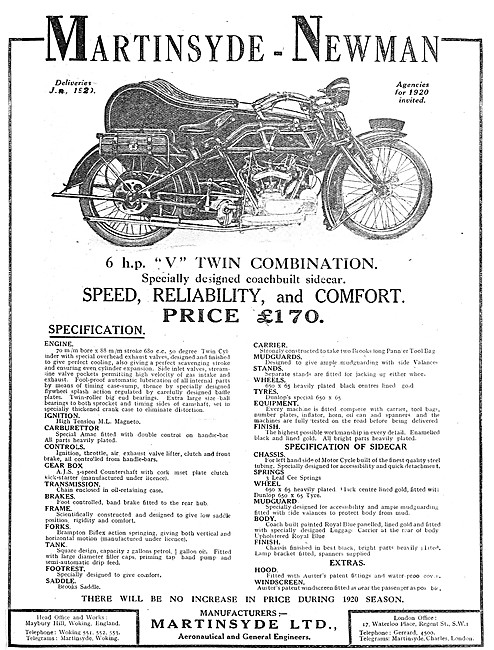 Martinsyde-Newman 6 hp V Twin Motor Cycle Combination 1919       