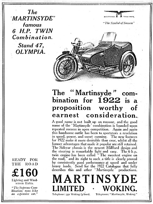 1921 Martinsyde 6 hp Twin Motor Cycle Combination                