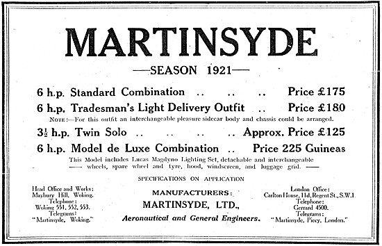 1921 Martinsyde Motor Cycle Range                                
