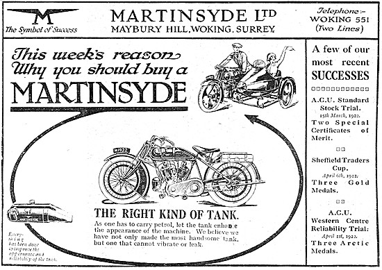 Martinsyde Motor Cycles 1922 Advert                              