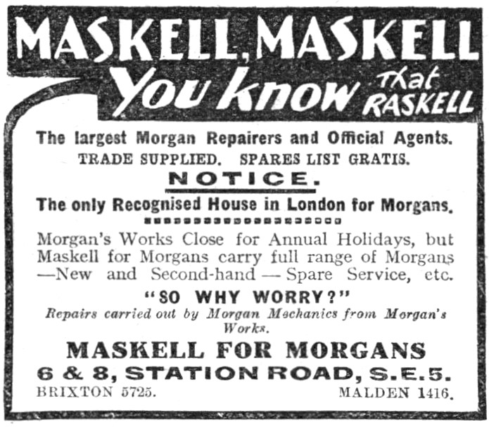 Maskell For Morgan Sales & Service 1930 Advert                   