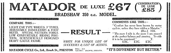 1923 Matador De Luxe Motorcycle Bradshaw 350cc Model             