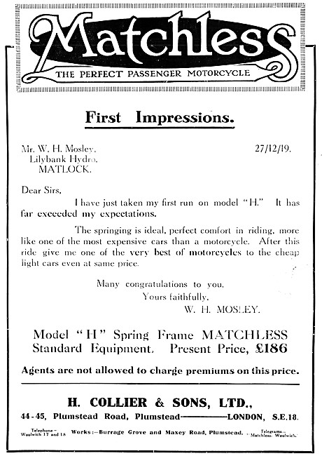 1920 Matchless Model II Sp[ring Frame  Motorcycles Advert        
