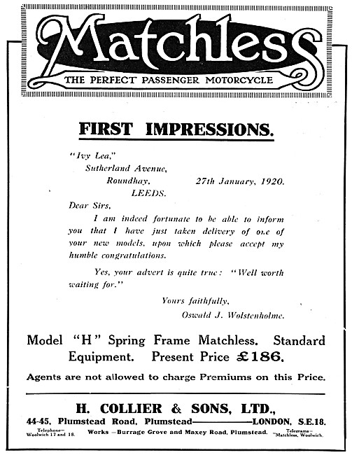 1920 Matchless Motor Cycle Advert                                
