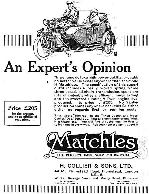 1921 Matchless V Twin Motor Cycle Combination                    