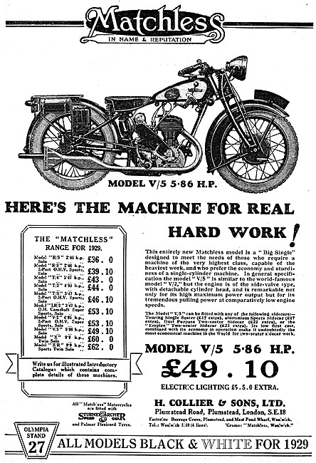 1929 Matchless Model V/5 5.86 hp Motor Cycle                     