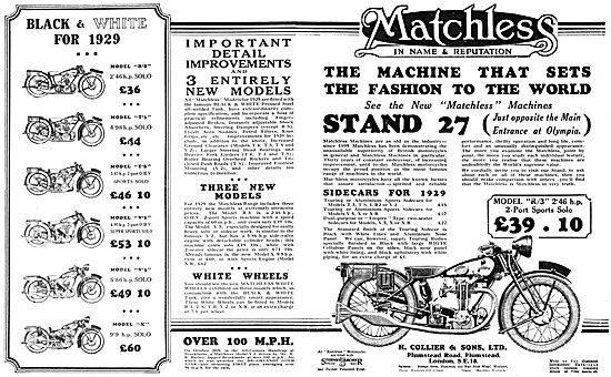 The Matchless Black & White Motor Cycle Model Range For 1929     
