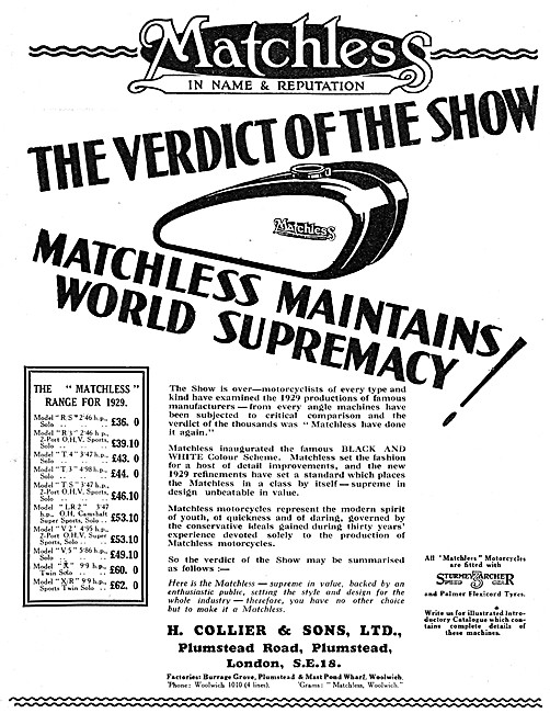 The 1929 Matchless Motor Cycle Model Range & Price List          