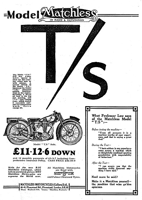 Matchless Model T/S 3.47 Two-Port OHV Motor Cycle 1929 Advert    
