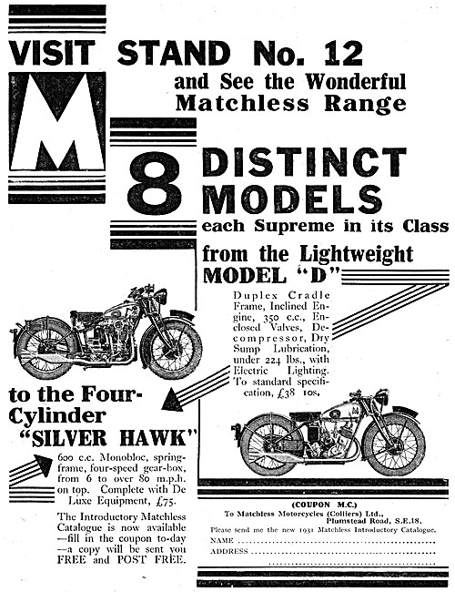 Matchless Model D 350 cc - Matchless Silver Hawk 1930 Advert     