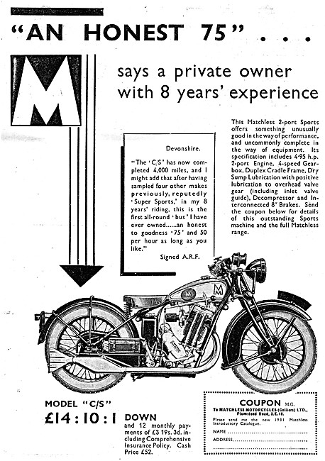 1931 Matchless C/S Twin Port Motor Cycle                         