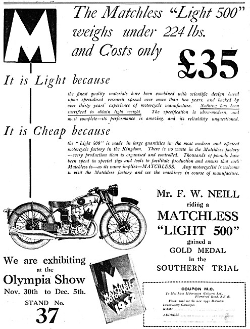 1931 Matchless Light 500 Motor Cycle                             