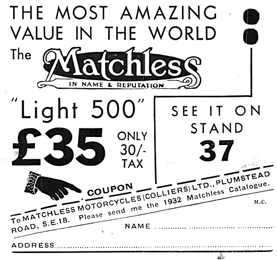 Matchless Light 500 Motorcycle 1931 Advert                       