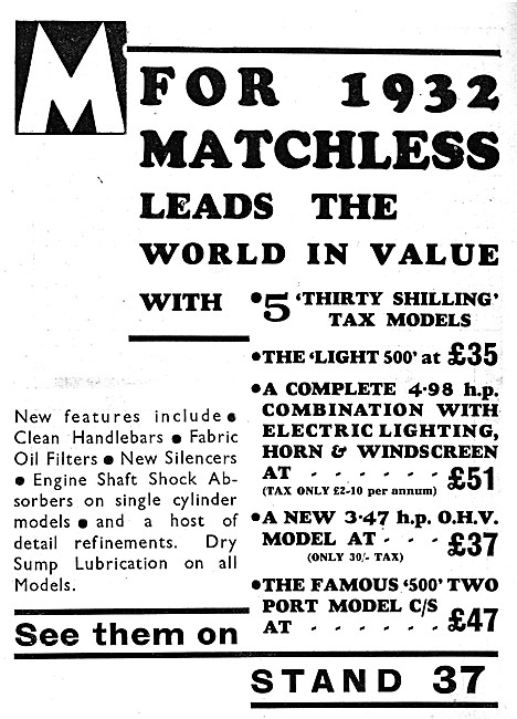 Matchless Motor Cycle Range For 1932                             