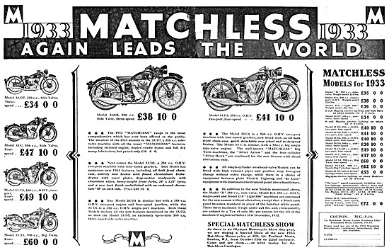 The Full Matchless Motor Cycle Model Range For 1933              